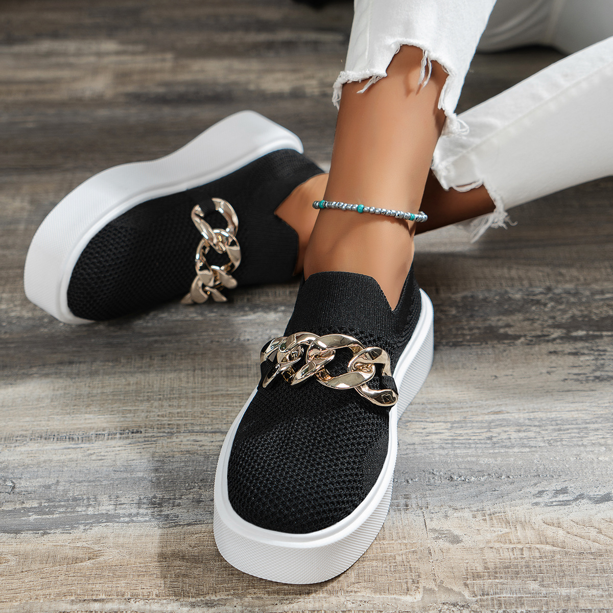 Zapatillas planas de cadena Zapatillas de malla transpirable para mujer