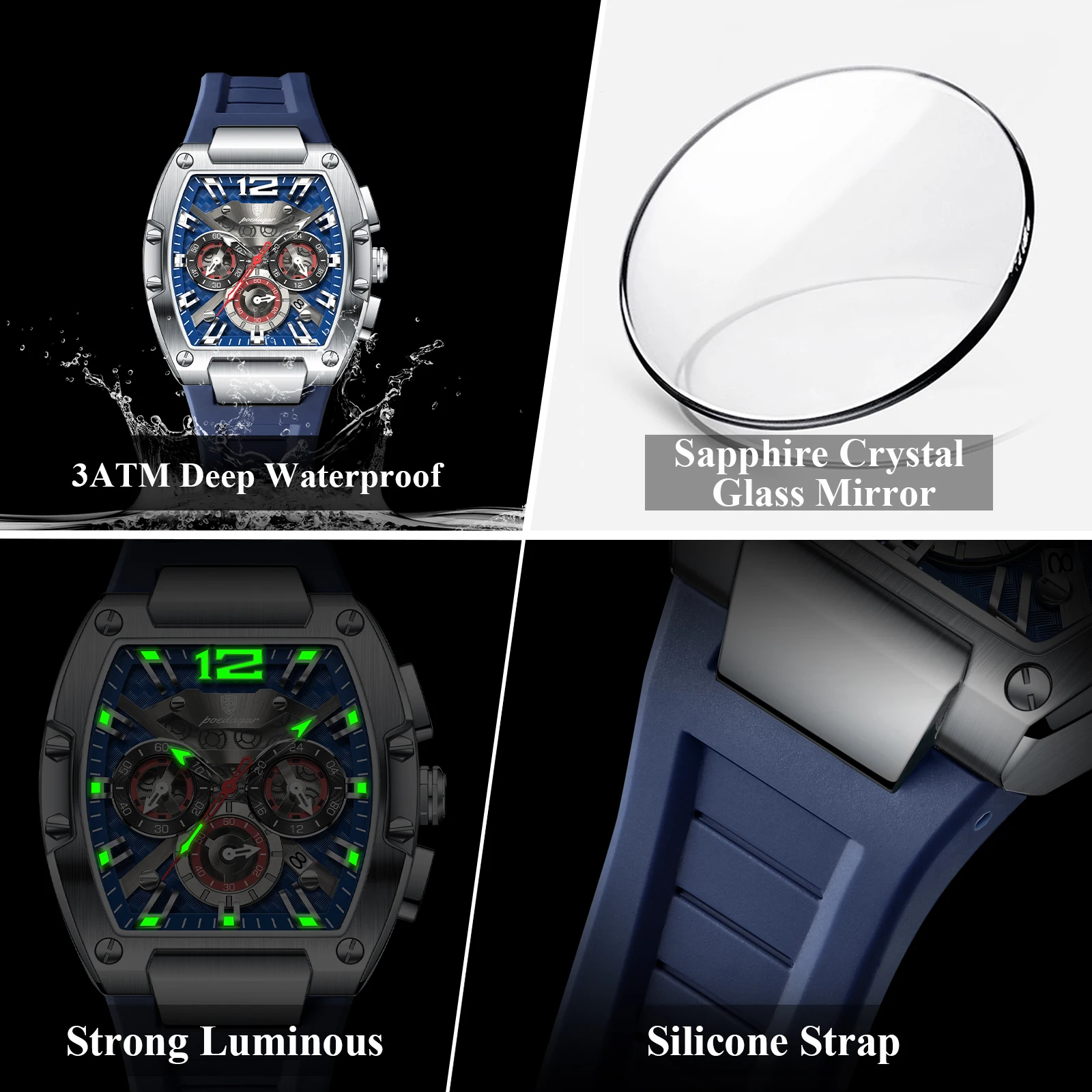 POEDAGAR Luxury Man Quartz Watch Sports Military Watch For Men Waterproof Luminous Date Chronograph Silicone Strap Men's Watches - Image 4